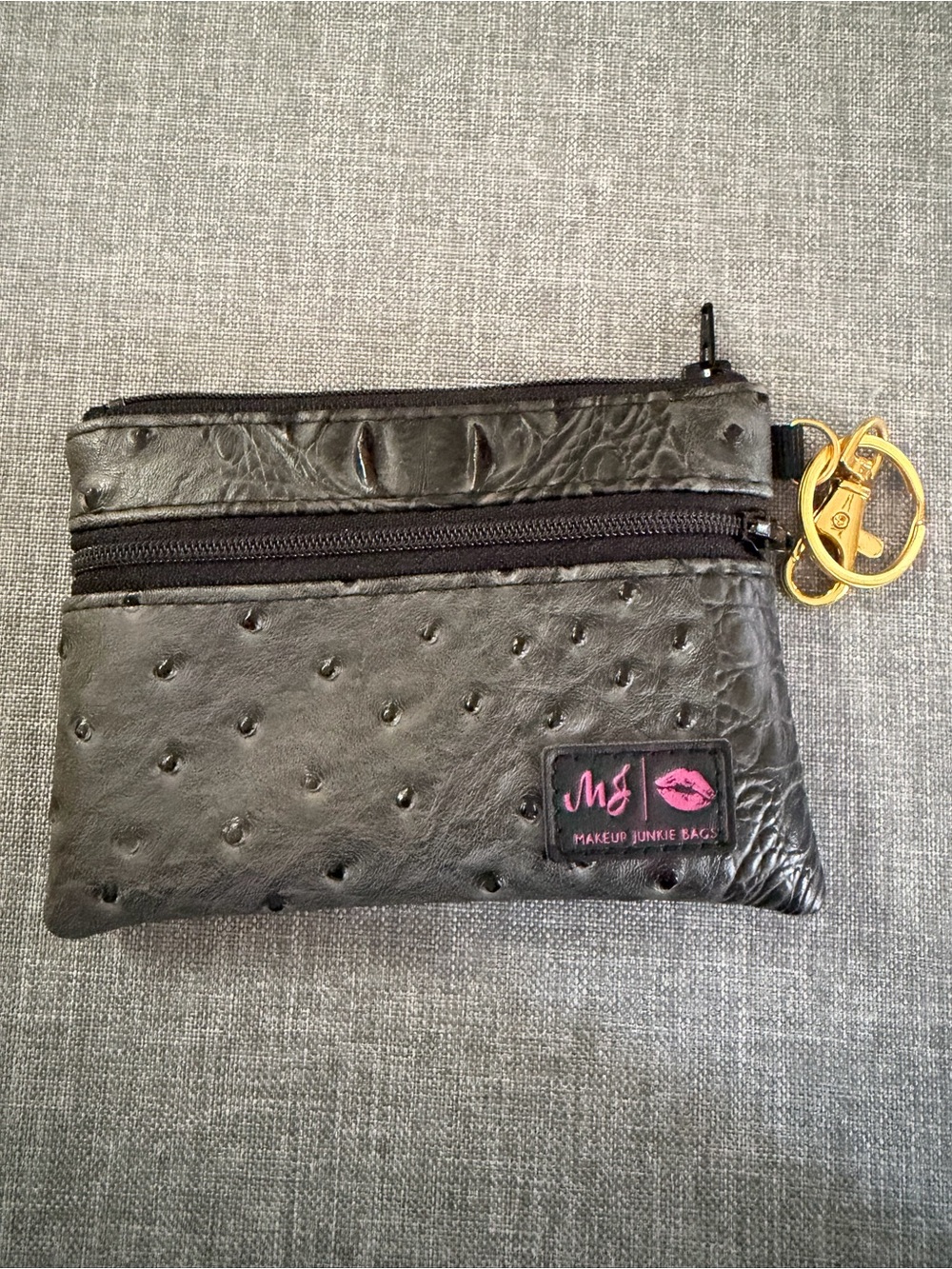 Makeup Junkie Bags Black Ostrich-Style Zip Pouch with Keyring